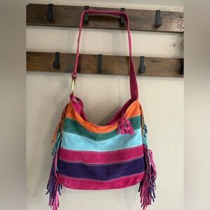 Multi-Color Suede Leather Fringe Shoulder Bag - Stripe Accent